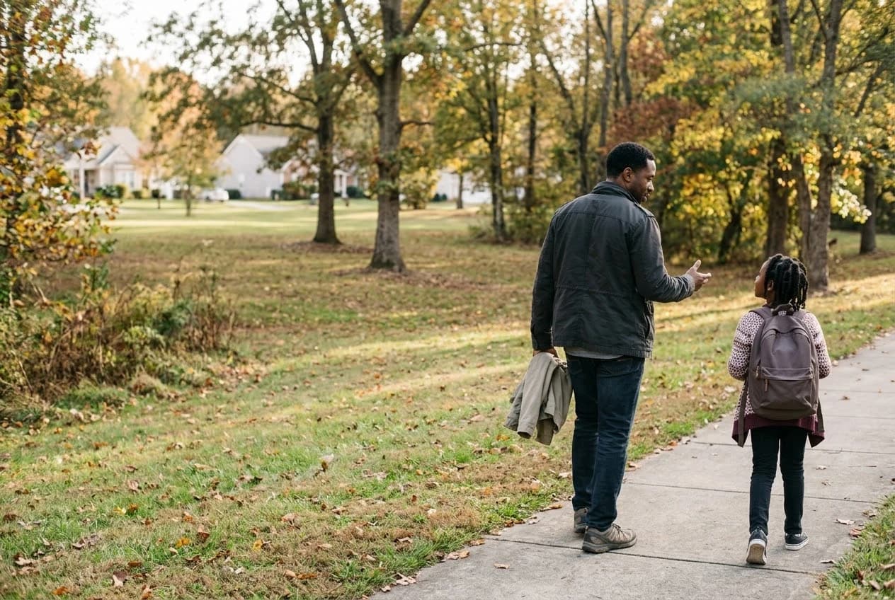 A father and daughter walking together after school.