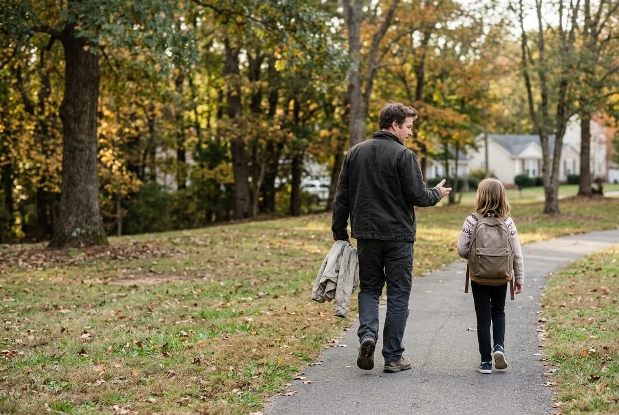 A father and daughter talking as they walk along a leafy neighborhood path.
